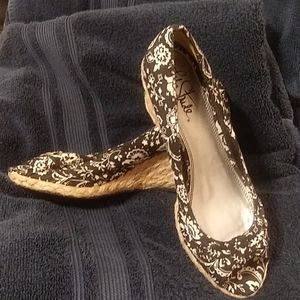 Black and white peep toe wedge shoe